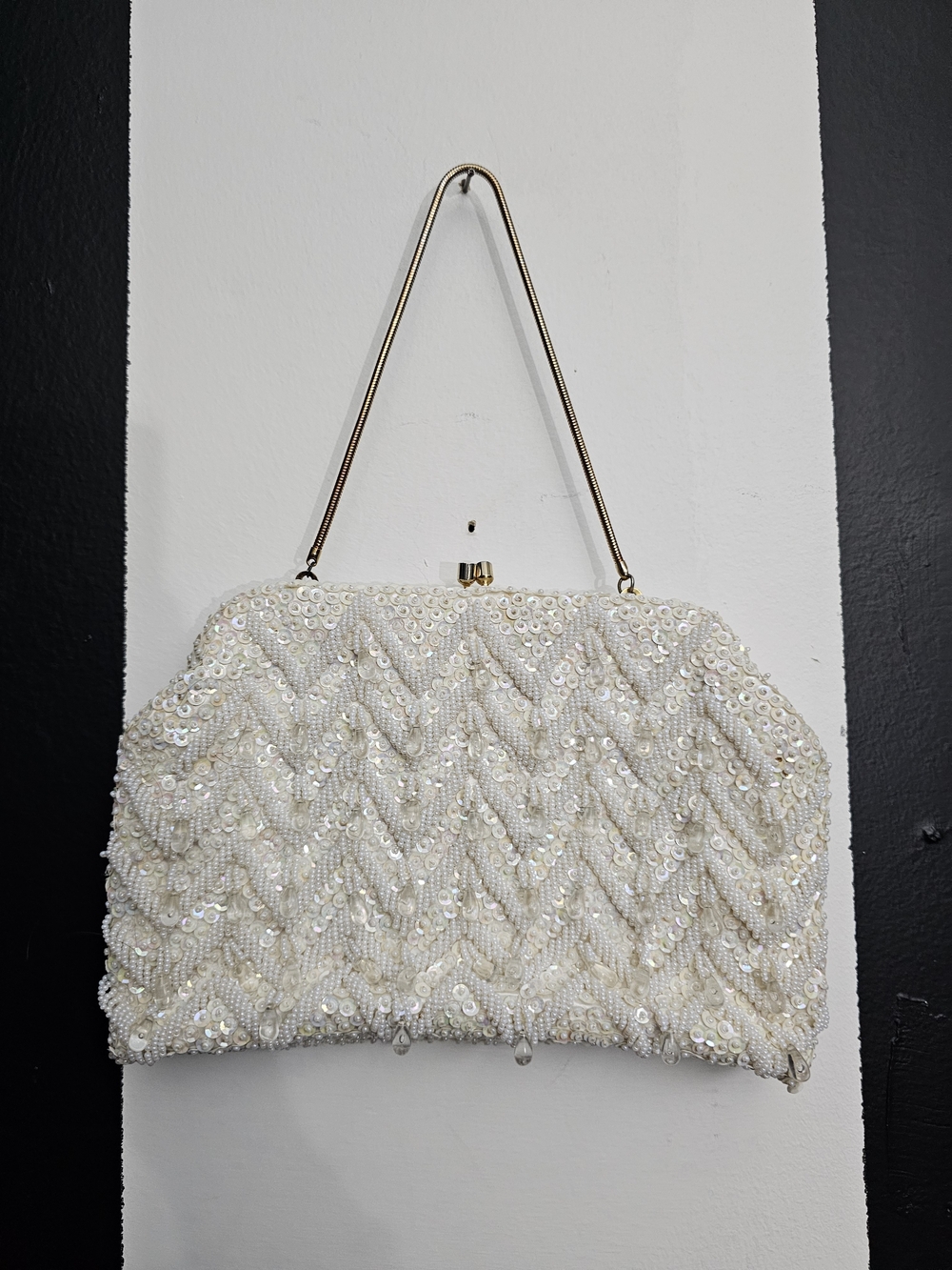 Vintage Ivory Sequin Beaded Clutch with Gold Chain